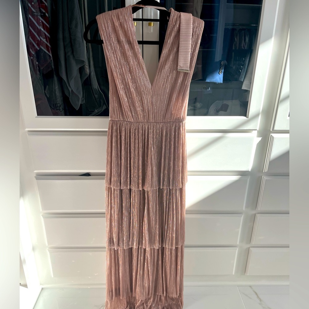 Never worn, tags on Sabina musayev dress.  Beautiful, lightweight, shimmering.